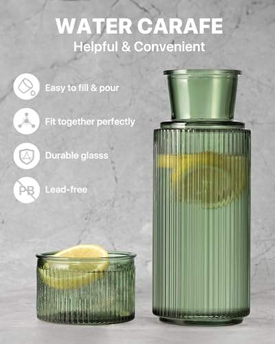Bedside Water Carafe and Glass Set, 27oz, Vertical Striped