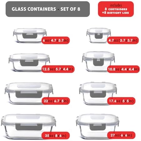 EATEX 16pc Glass Storage Containers with Lids