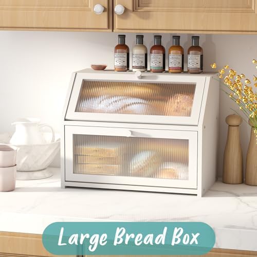White Bread Box for Kitchen Counter, Large Bamboo Wood Double Layer Bread Box, Wooden Bread Storage Capacity