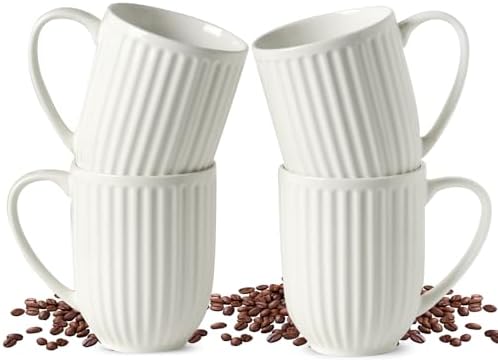 HASENSE Textured Large Coffee Mugs Set of 4, 16 Oz Ribbed Ceramic Cups