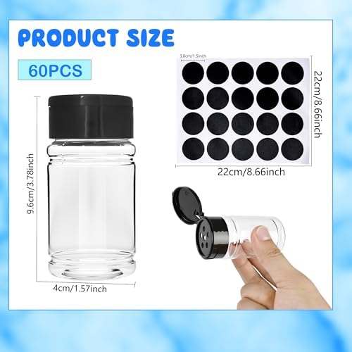 60 Pack 2.7 oz Plastic Spice Jars with Black Lids and Labels Empty
