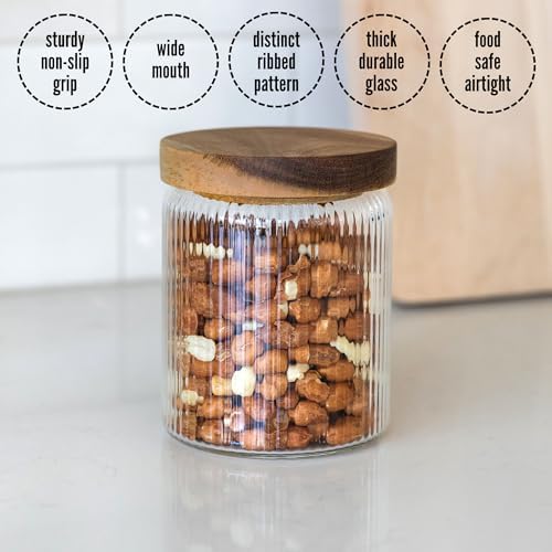Mason & Fable Ribbed Glass Jar with Wooden Lid 17oz, Set of 3