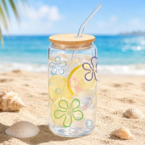 Mikopei beach gifts for women, Sea Glass Cup with Lid and Straw, 16 oz