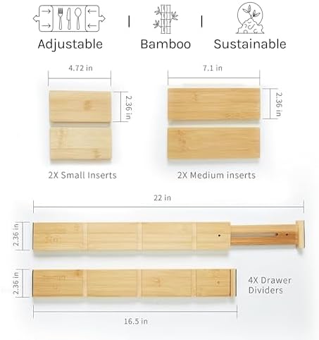 Adjustable Drawer Dividers Pack of 4 with Inserts, Set Kitchen Drawer