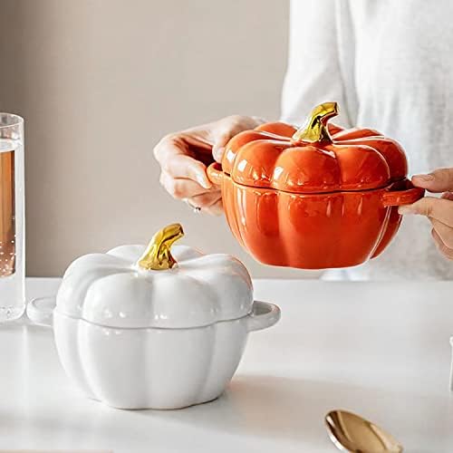 Pumpkin Bowl Set with Lid and Handle, 14 Oz Ceramic Ramekins for