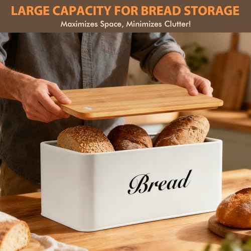 RYTOXILO White Bread Box for Kitchen Countertop, Metal Breadbox with One-Way Degassing Valve Bamboo Lid, Bread Storage Boxes Container for Homemade Bread, Sourdough Food Cutting Board