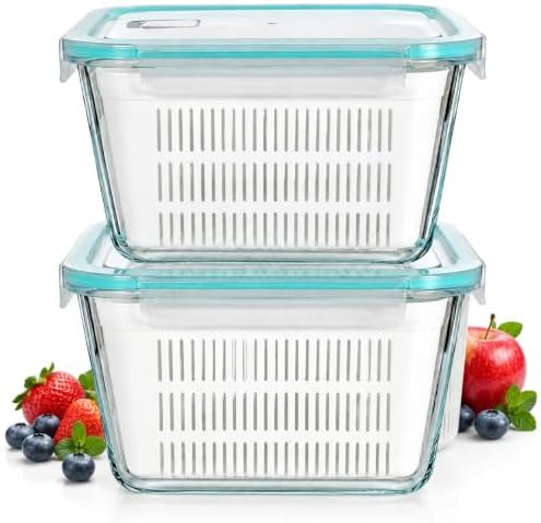 TEITEAI Glass Fruit Storage Containers for Fridge,2 Pack 84oz