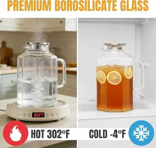 1 Gallon 128oz Octagon Glass Water Pitcher with Lid and Spout, Water