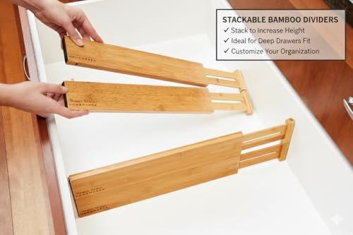 Bamboo Kitchen Drawer Organizer Divider Stackable for Deep Drawers.