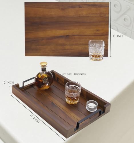 17" x 11" x 2" Acacia Wood Serving Tray with Black Iron Handle