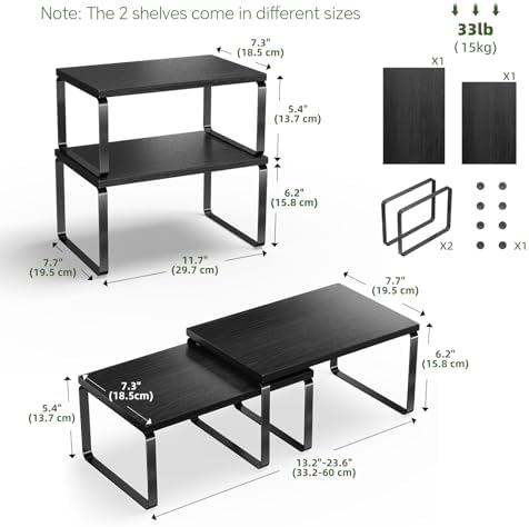 Simple Trending Cabinet Organizer Shelf, Set of 2 Stackable Kitchen Counter Shelves, Expandable Spice Rack Kitchen Storage Riser, Metal Engineered Wood, Black