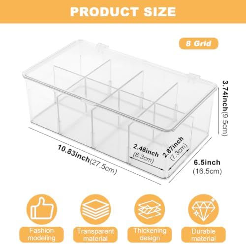 Clear Tea Bag Organizer with Lid, Stackable Storage Bin with Dividers