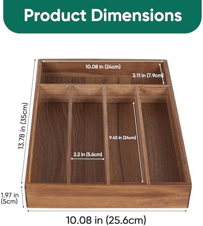 Acacia Wood Silverware Drawer Organizer, 5-Compartment Tray