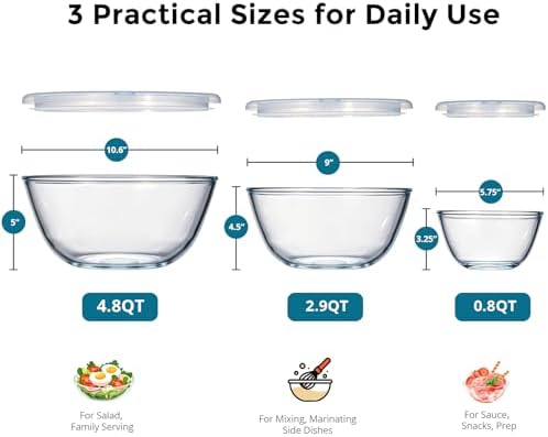 E-far Glass Mixing Bowls with Airtight Lids Set for Prep Salad Serving