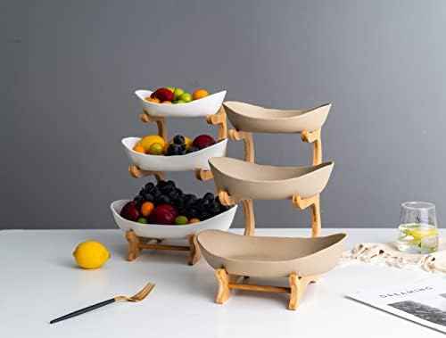 3 Tier Fruit Basket, Ceramic Fruit Bowl for Kitchen Counter, Home Fruit Bowl Set with Holder for Fruit Veggies Tray Snacks Nuts Bread Candy Storage Holder (Porcelain)