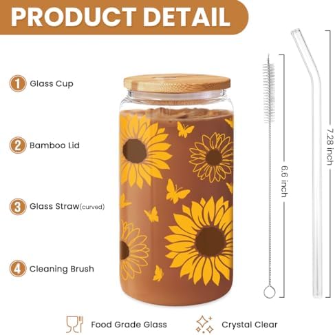 SANDJEST Sunflower Gifts for Women - Sunflower Cup 16 Oz Can Glass