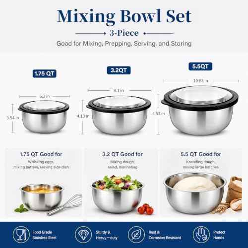 P&P CHEF Mixing Bowls with Lids Set of 3, Black Stainless Steel Salad Bowl