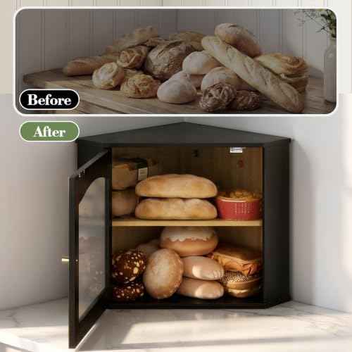 LAMU Corner Bread Box for Kitchen Countertop, Bamboo Wood Bread Storage
