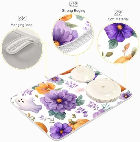 OTVEE Halloween Purple Art Dish Drying Mat for Kitchen Counter