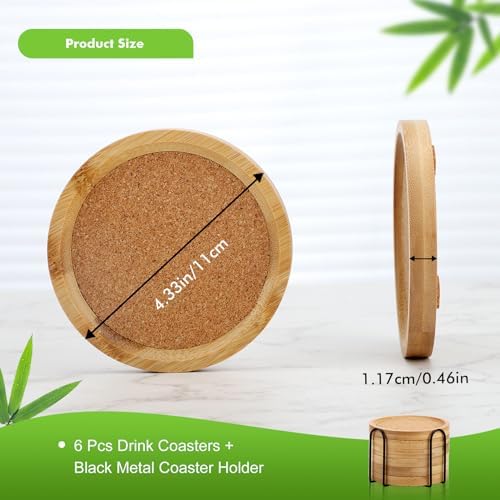 Bamboo Cork Coasters for Drinks Absorbent with Holder Set of 6, Bamboo