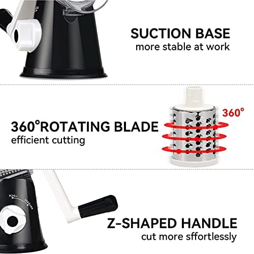 Rotary Cheese Grater with 3 Stainless Steel Blades, Black
