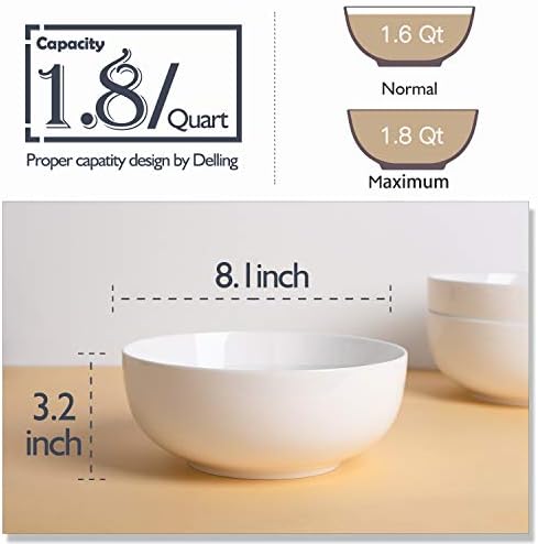 DELLING 8" Large Salad Serving Bowls Set, 60 Oz Porcelain White Soup