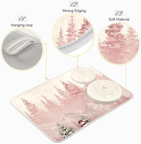 OTVEE Snowman in Pink Forest Dish Drying Mat for Kitchen Counter