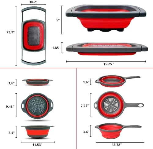 Set of 3 Red Food Strainer for Kitchen - Silicone Sieve Small Foldable