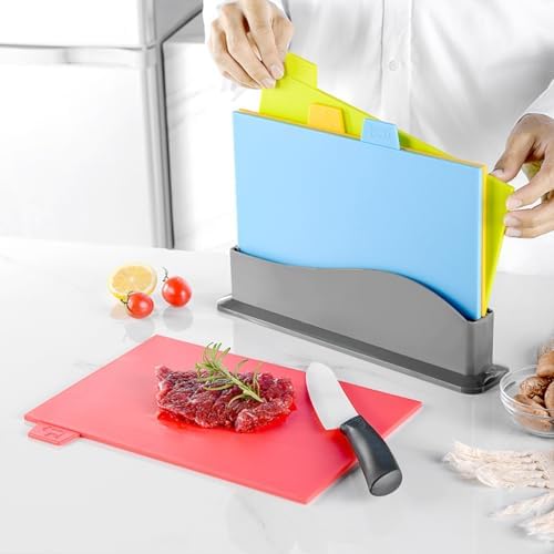 Toyvian Color-coded Plastic Cutting Board Set with Stand, 4pcs Food