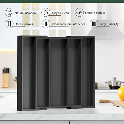 Kitchen Utensil Organizer, Expandable Bamboo Tray, Black