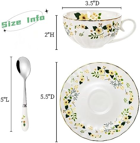 Lyellfe Set of 2 Tea Cup and Saucer, 6 Oz Floral Cup with Spoon Gold