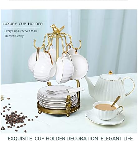 Gold Metal Coffee Mug and Saucer Tree Holder Countertop 6 Hooks