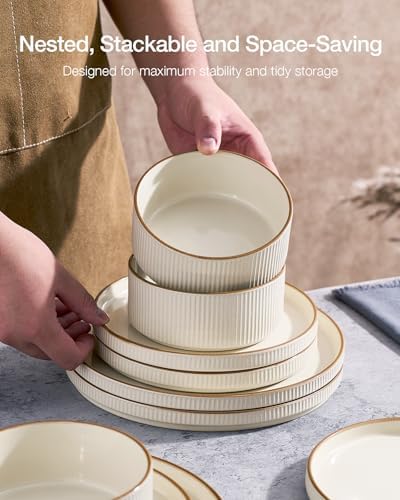 Famiware Stoneware Dinnerware Set for 8, Rimmed Plates, Bowls, Cream Dishes