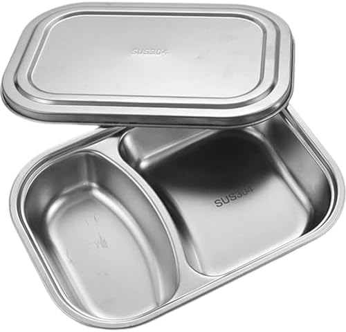 Stainless Steel Divided Dinner Plate with Lid 2 Compartments Food