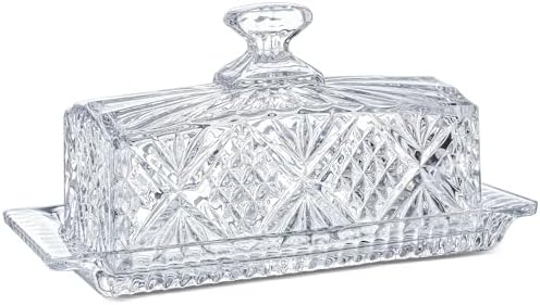 8" Crystal Covered Butter Dish for Countertop, Glass Butter Dish with