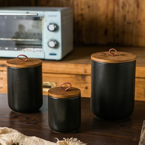 JOJUNO Black Ceramic Canister with Bamboo Lid, 3-Piece Airtight Jars