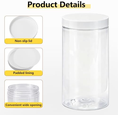 4 Pack Plastic Container, Plastic Jars, 32 Oz, Clear, Round
