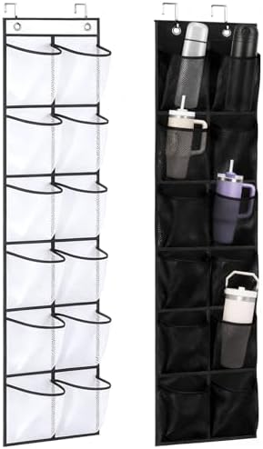 2-Pack Over-the-Door Water Bottle Organizer, 12 Pockets Each, Black &