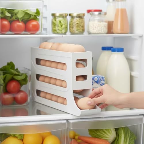 28 Egg Holder for Fridge, 4-Tier Auto Rolling Egg Organizer for