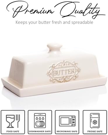 Ceramic Butter Dish with Lid, 7.7 x 4 Inch, Engraved Butter Keeper