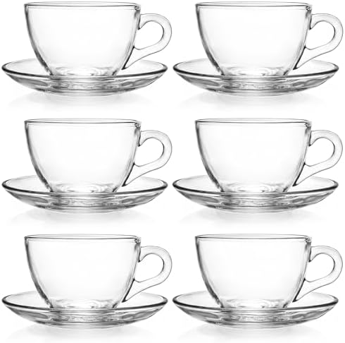 Tosnail 6 Pack 7-Ounce Glass Tea Cups and Saucers Sets Glass Coffee