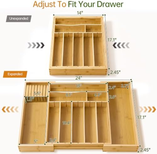 Bamboo Expandable Silverware Drawer Organizer, Removable Knife Block