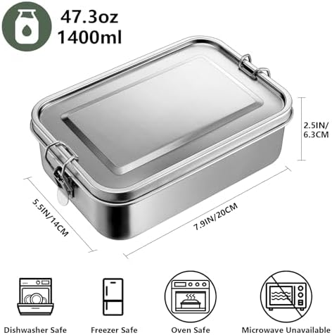 Leonyo 47oz Metal Lunch Box Bento Box Stainless Steel with 2 Dividers