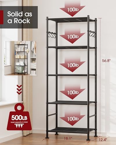Sakugi 5-Tier Metal Storage Rack, 18.1"×12.4"×56.8", Black