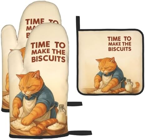 Cute Cat Oven Mitts and Pot Holder Set