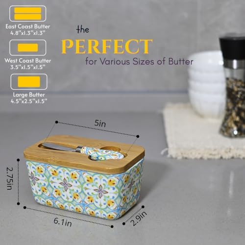 Butter Dish with Lid for Countertop 16oz, Ceramic, with Boho Knife