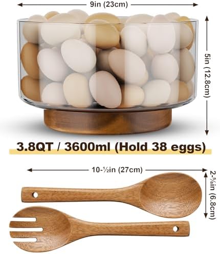 NiHome Glass Salad Bowl with Acacia Wood Salad Tongs, Large Capacity