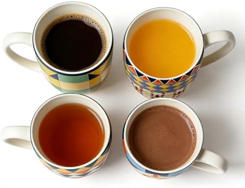 Bohemian Ceramic Coffee Mugs Set of 4, 15oz/450ml Geometric Pattern