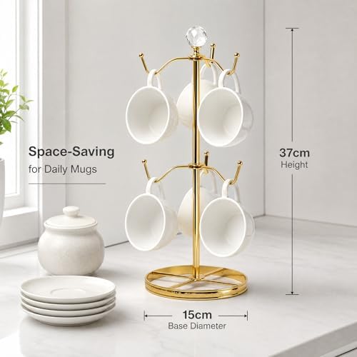 Mug Tree Coffee Cup Holder for Counter Top 6 Hooks(Gold)