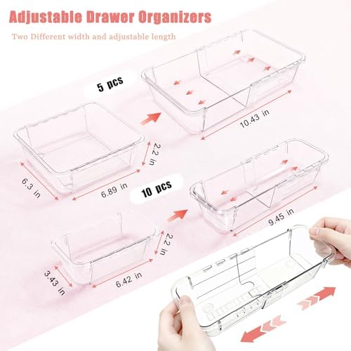 15 Pcs Clear Expandable Drawer Organizer Tray Adjustable Drawer